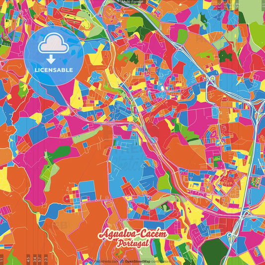 Agualva-Cacém, Lisbon, Portugal Crazy Colorful Street Map Poster Template