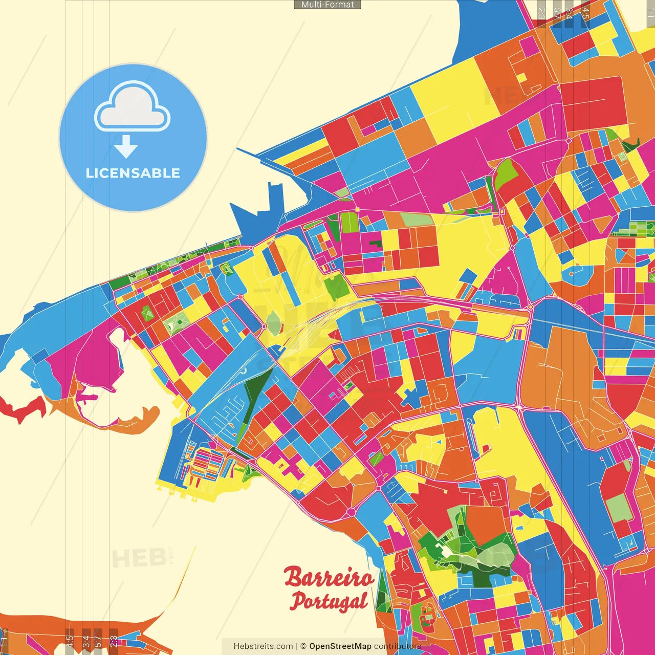 Barreiro, Setúbal, Portugal Crazy Colorful Street Map Poster Template