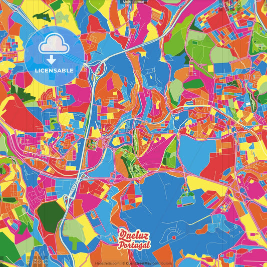 Queluz, Lisbon, Portugal Crazy Colorful Street Map Poster Template
