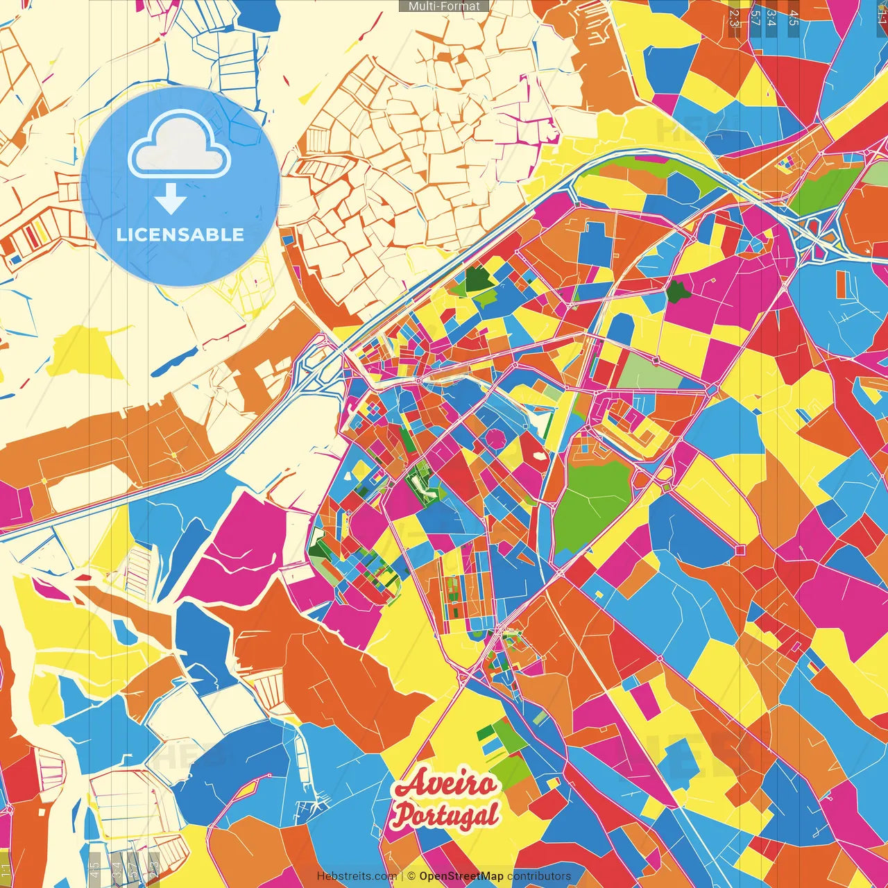 Aveiro, Aveiro, Portugal Crazy Colorful Street Map Poster Template