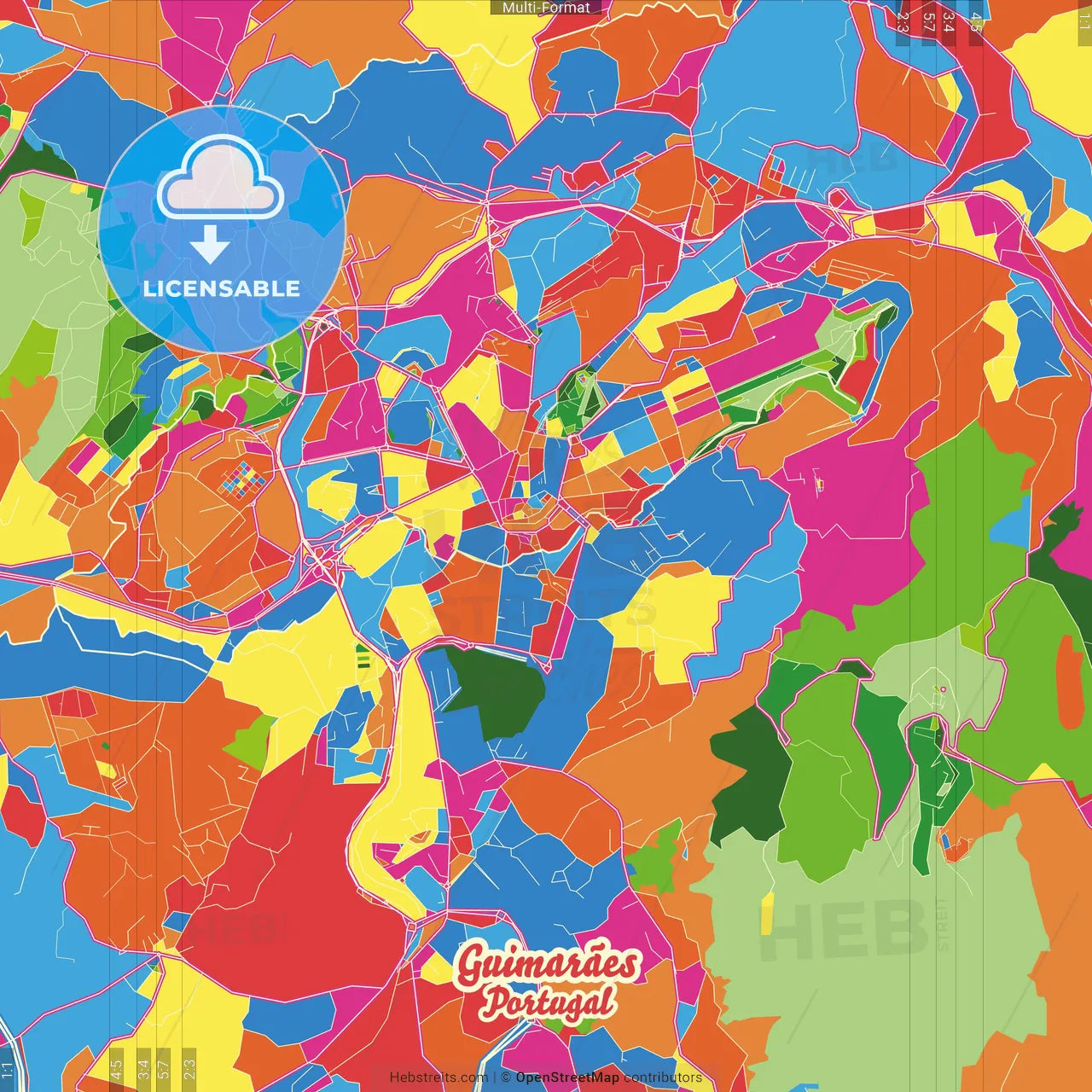 Guimarães, Braga, Portugal Crazy Colorful Street Map Poster Template