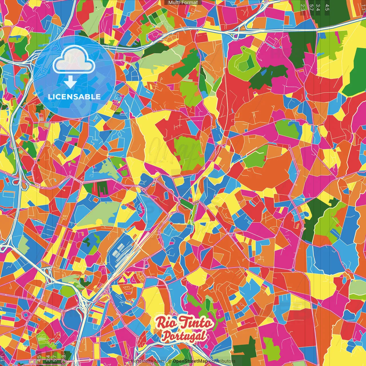 Rio Tinto, Gondomar, Portugal Crazy Colorful Street Map Poster Template
