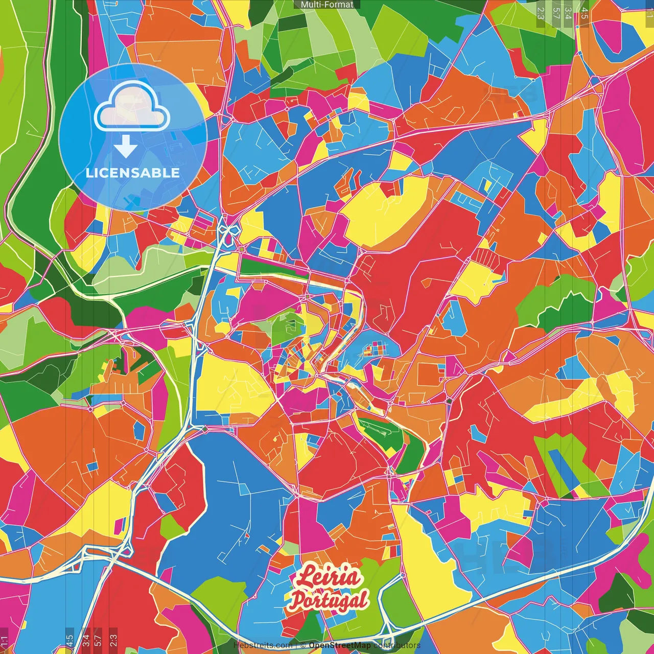 Leiria, Leiria, Portugal Crazy Colorful Street Map Poster Template