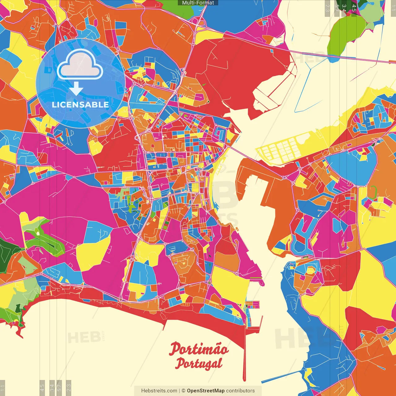 Portimão, Faro, Portugal Crazy Colorful Street Map Poster Template