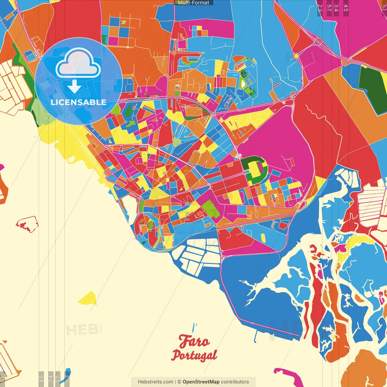 Faro, Faro, Portugal Crazy Colorful Street Map Poster Template