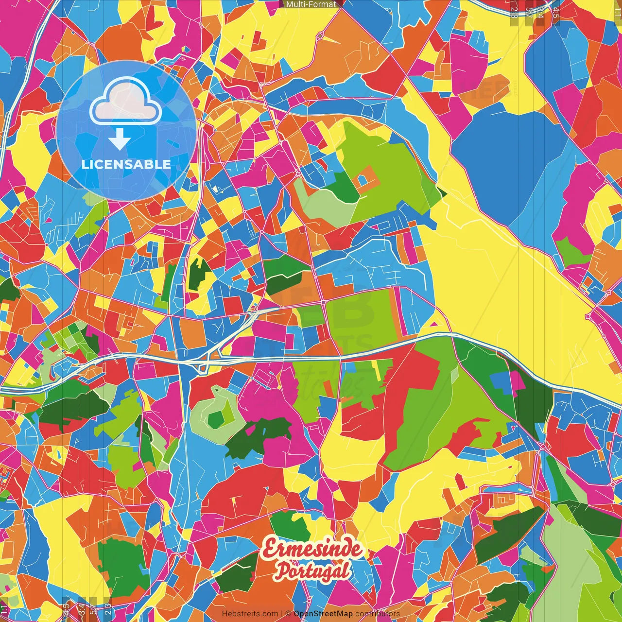 Ermesinde, Porto, Portugal Crazy Colorful Street Map Poster Template