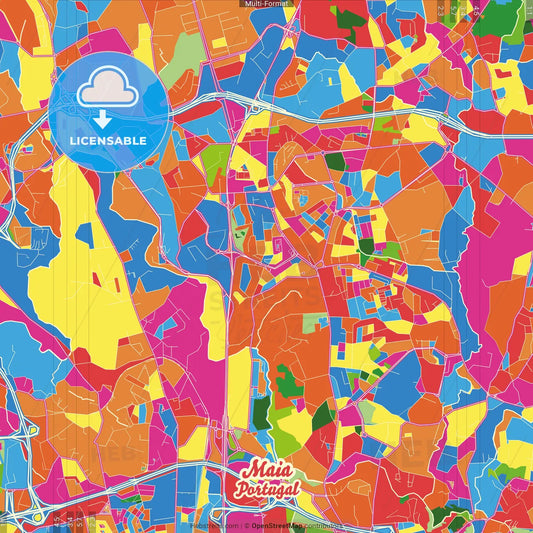 Maia, Porto, Portugal Crazy Colorful Street Map Poster Template