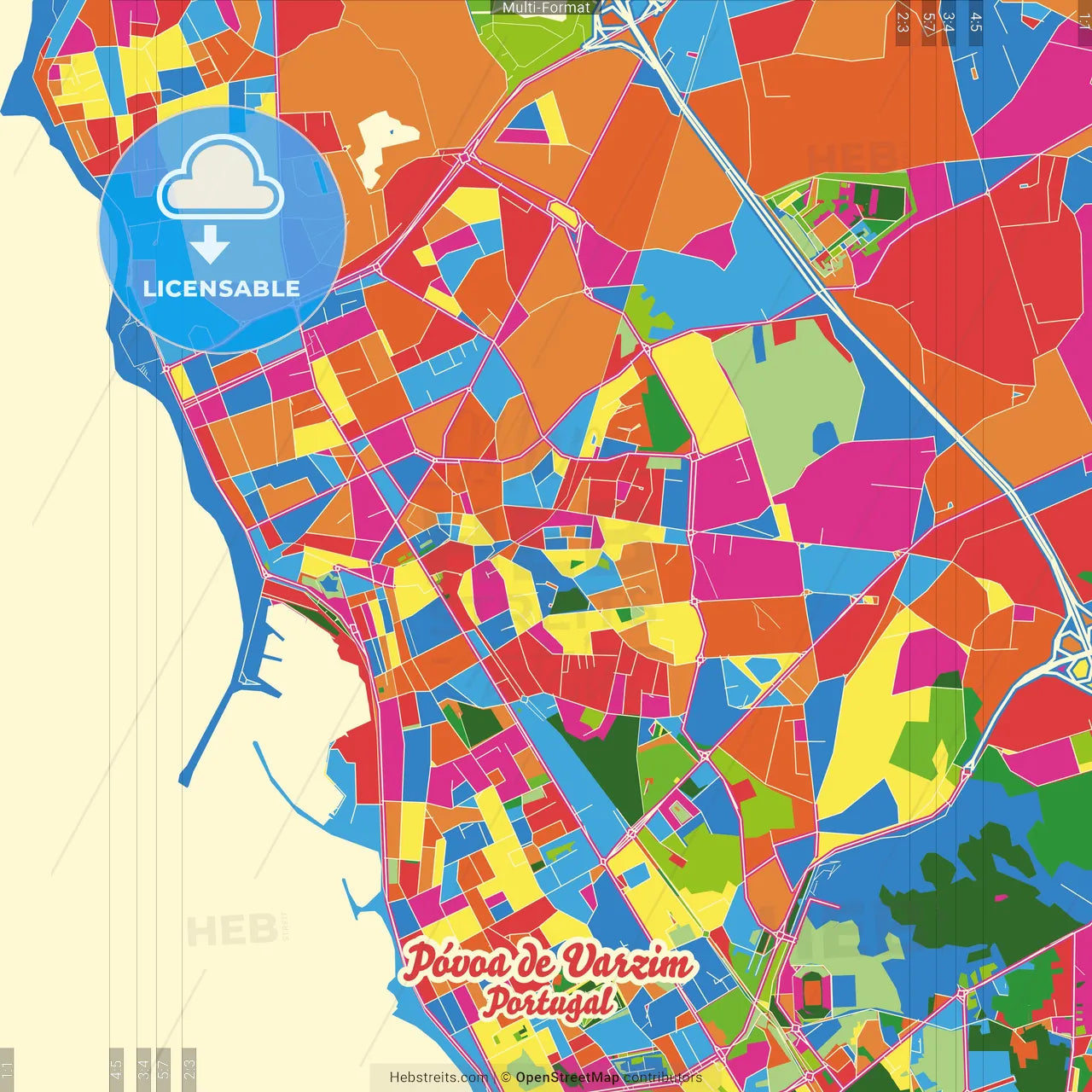 Póvoa de Varzim, Porto, Portugal Crazy Colorful Street Map Poster Template