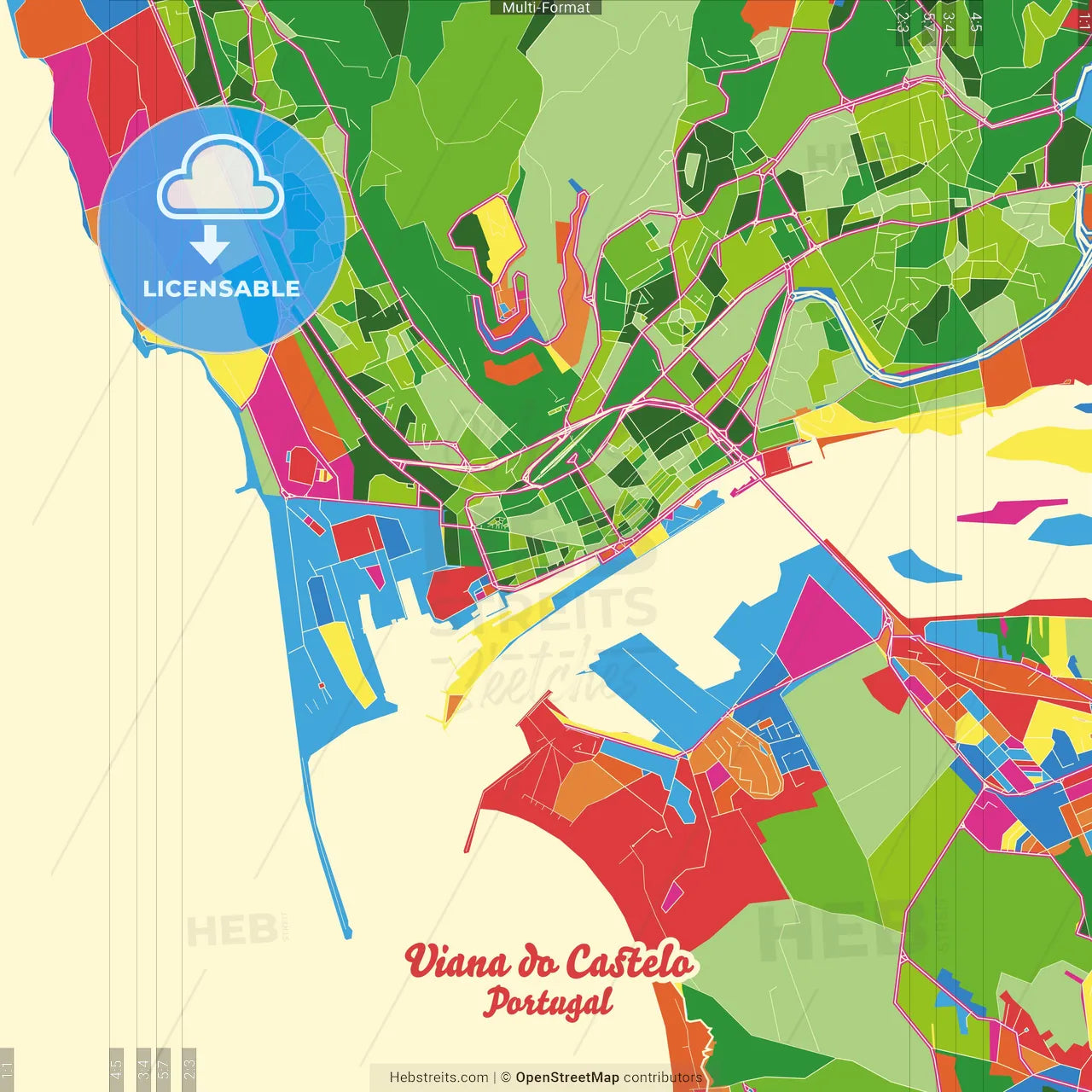 Viana do Castelo, Viana do Castelo, Portugal Crazy Colorful Street Map Poster Template