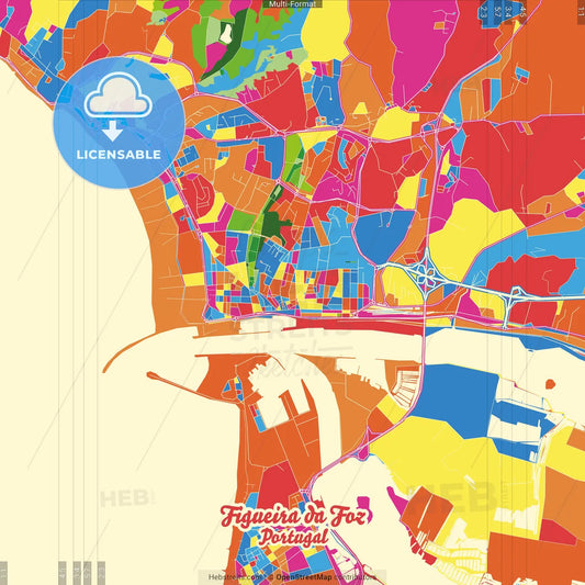 Figueira da Foz, Coimbra, Portugal Crazy Colorful Street Map Poster Template