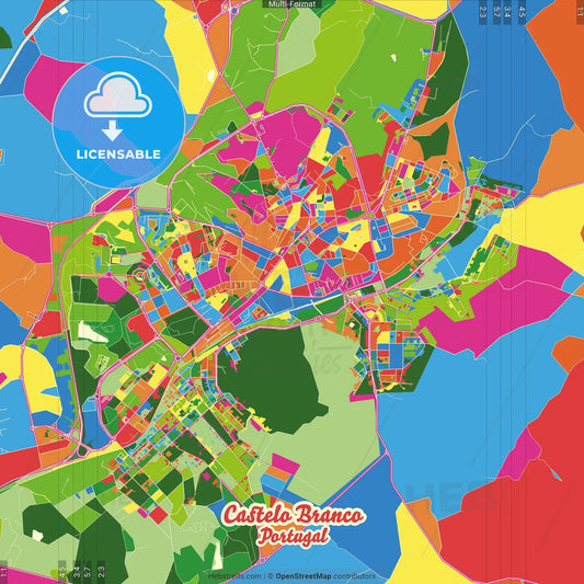 Castelo Branco, Castelo Branco, Portugal Crazy Colorful Street Map Poster Template