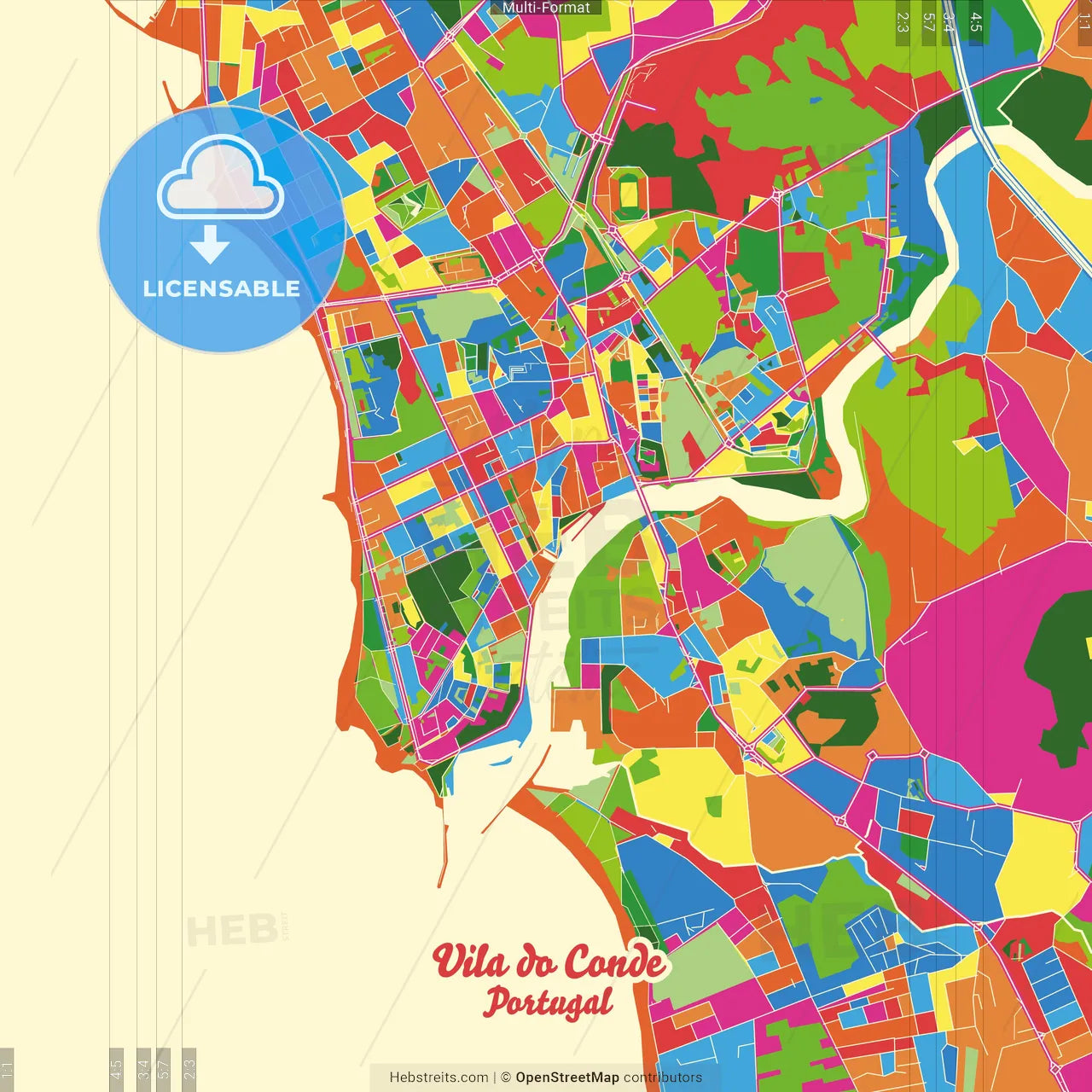 Vila do Conde, Porto, Portugal Crazy Colorful Street Map Poster Template