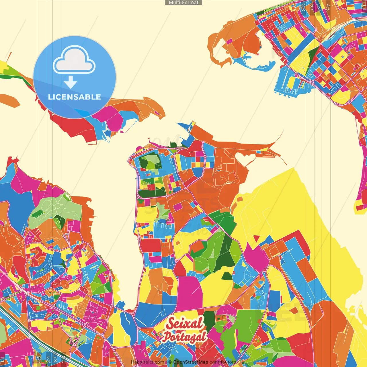 Seixal, Setúbal, Portugal Crazy Colorful Street Map Poster Template