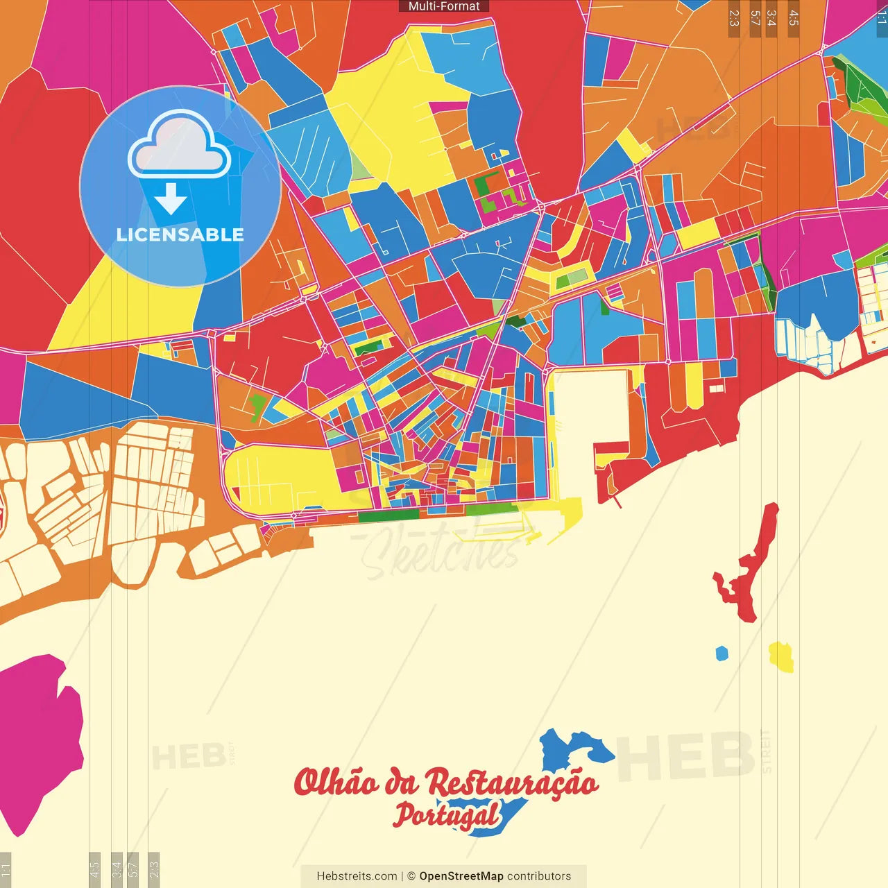 Olhão da Restauração, Faro, Portugal Crazy Colorful Street Map Poster Template