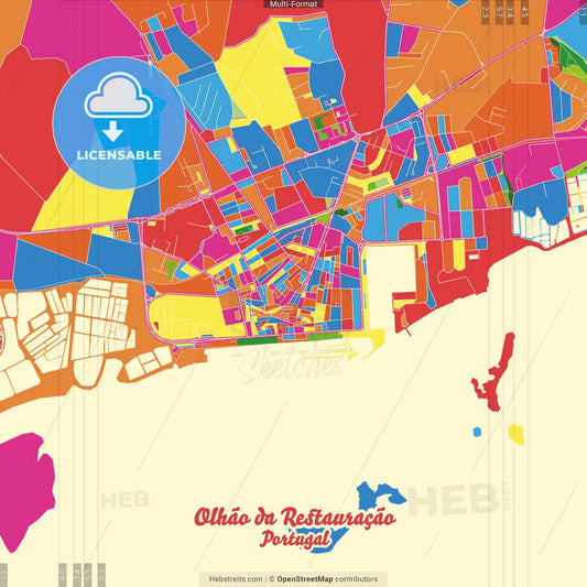 Olhão da Restauração, Faro, Portugal Crazy Colorful Street Map Poster Template