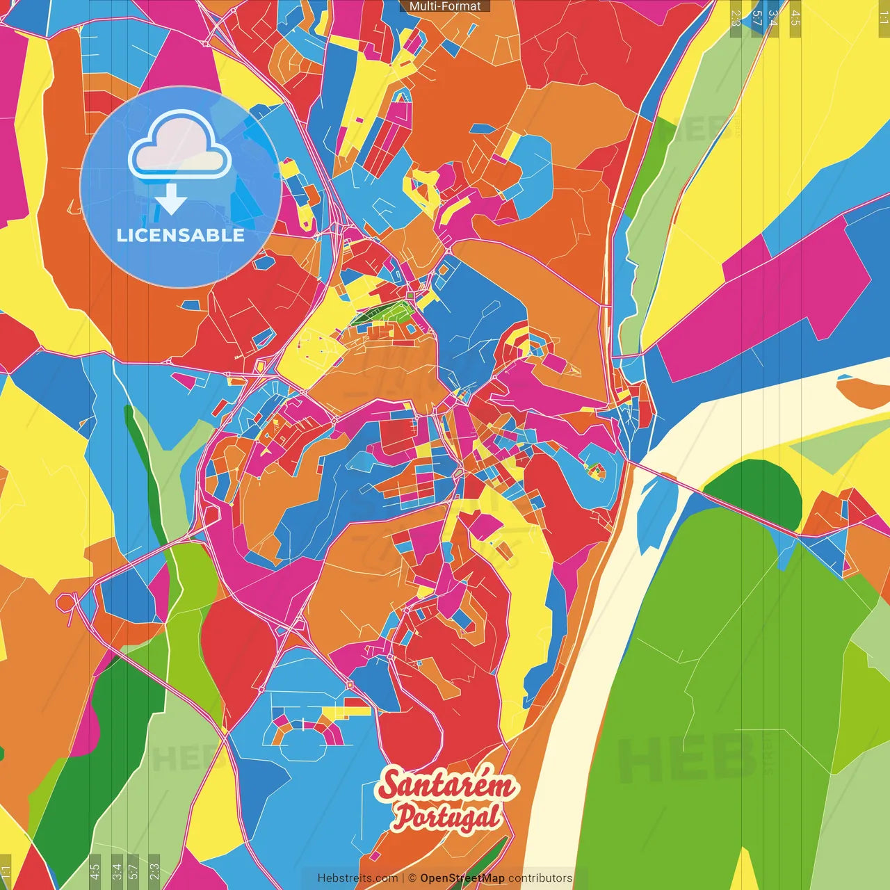 Santarém, Santarém, Portugal Crazy Colorful Street Map Poster Template