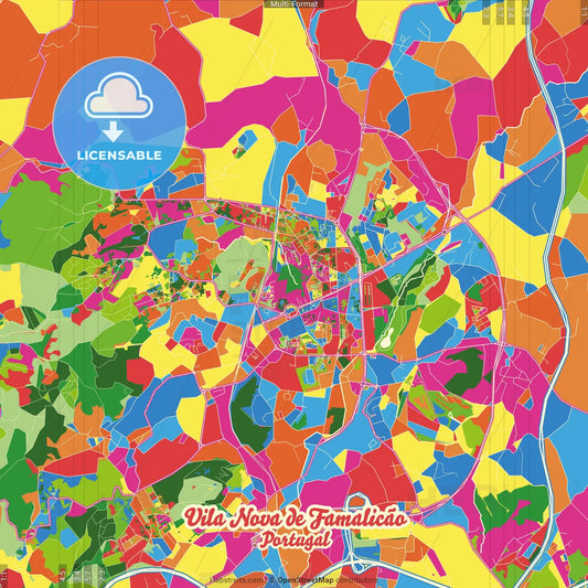 Vila Nova de Famalicão, Braga, Portugal Crazy Colorful Street Map Poster Template