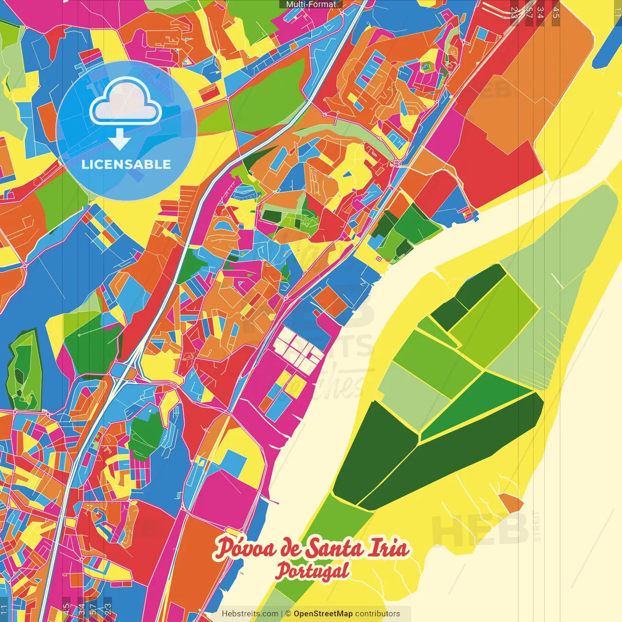 Póvoa de Santa Iria, Lisbon, Portugal Crazy Colorful Street Map Poster Template