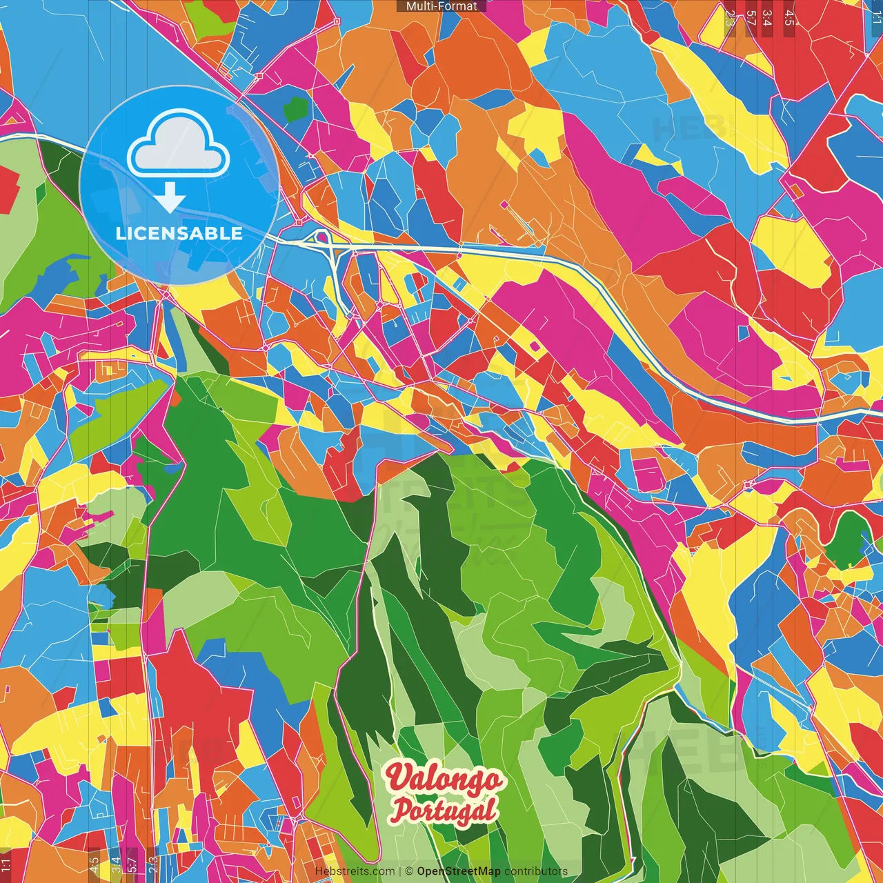 Valongo, Porto, Portugal Crazy Colorful Street Map Poster Template