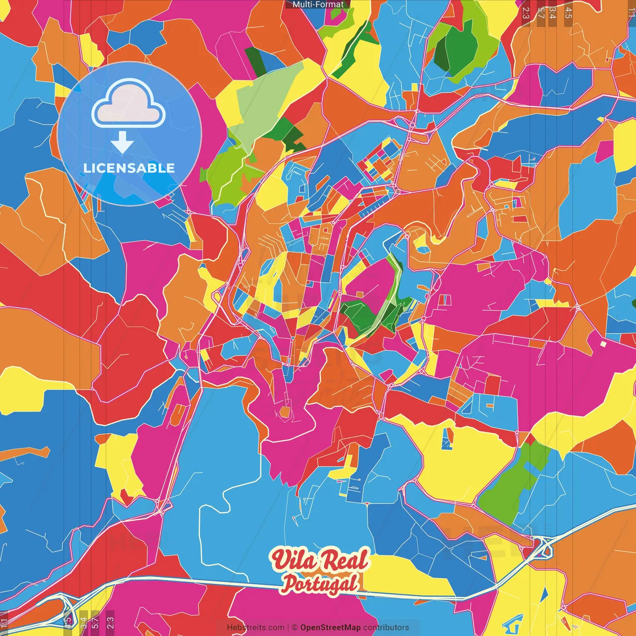 Vila Real, Vila Real, Portugal Crazy Colorful Street Map Poster Template