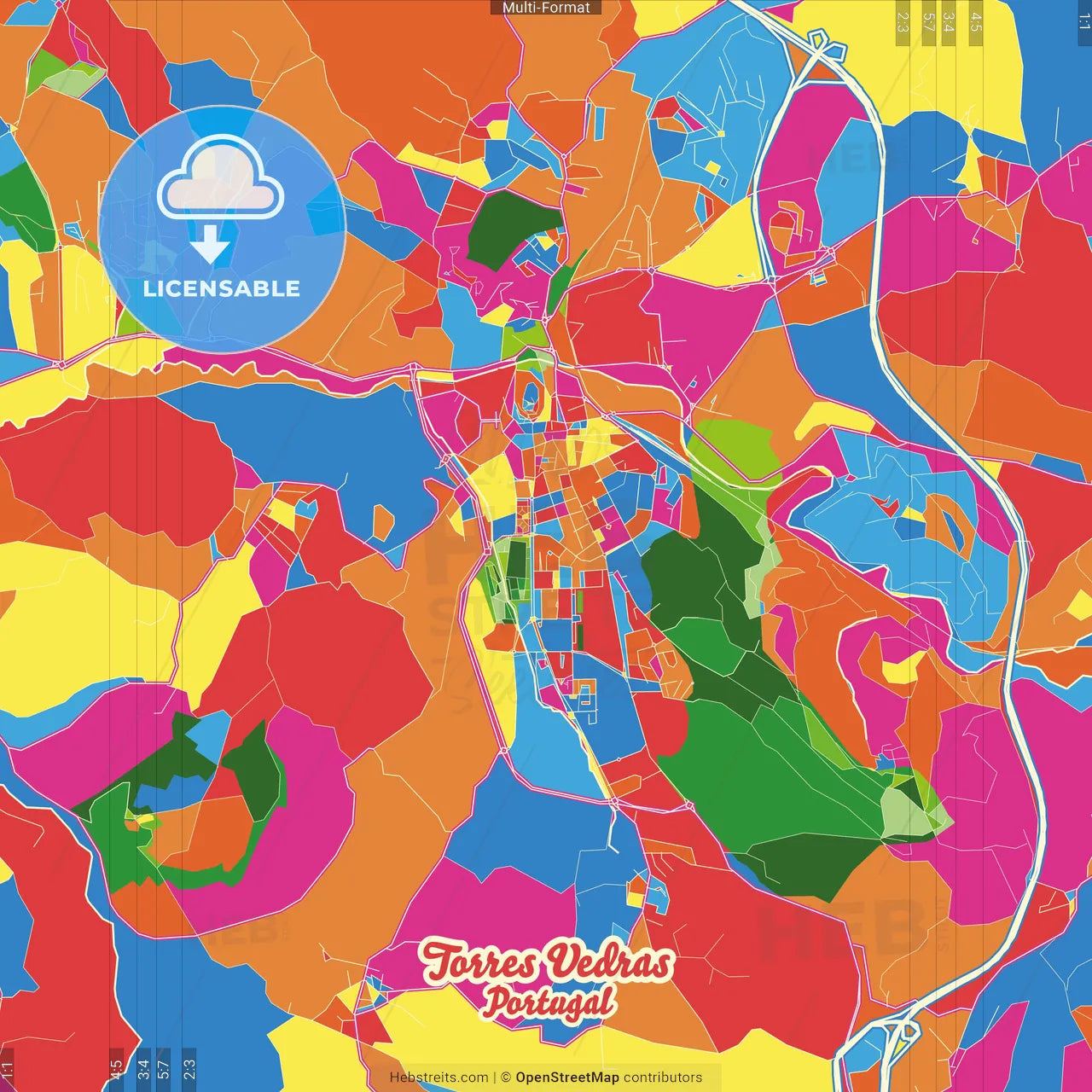 Torres Vedras, Lisbon, Portugal Crazy Colorful Street Map Poster Template