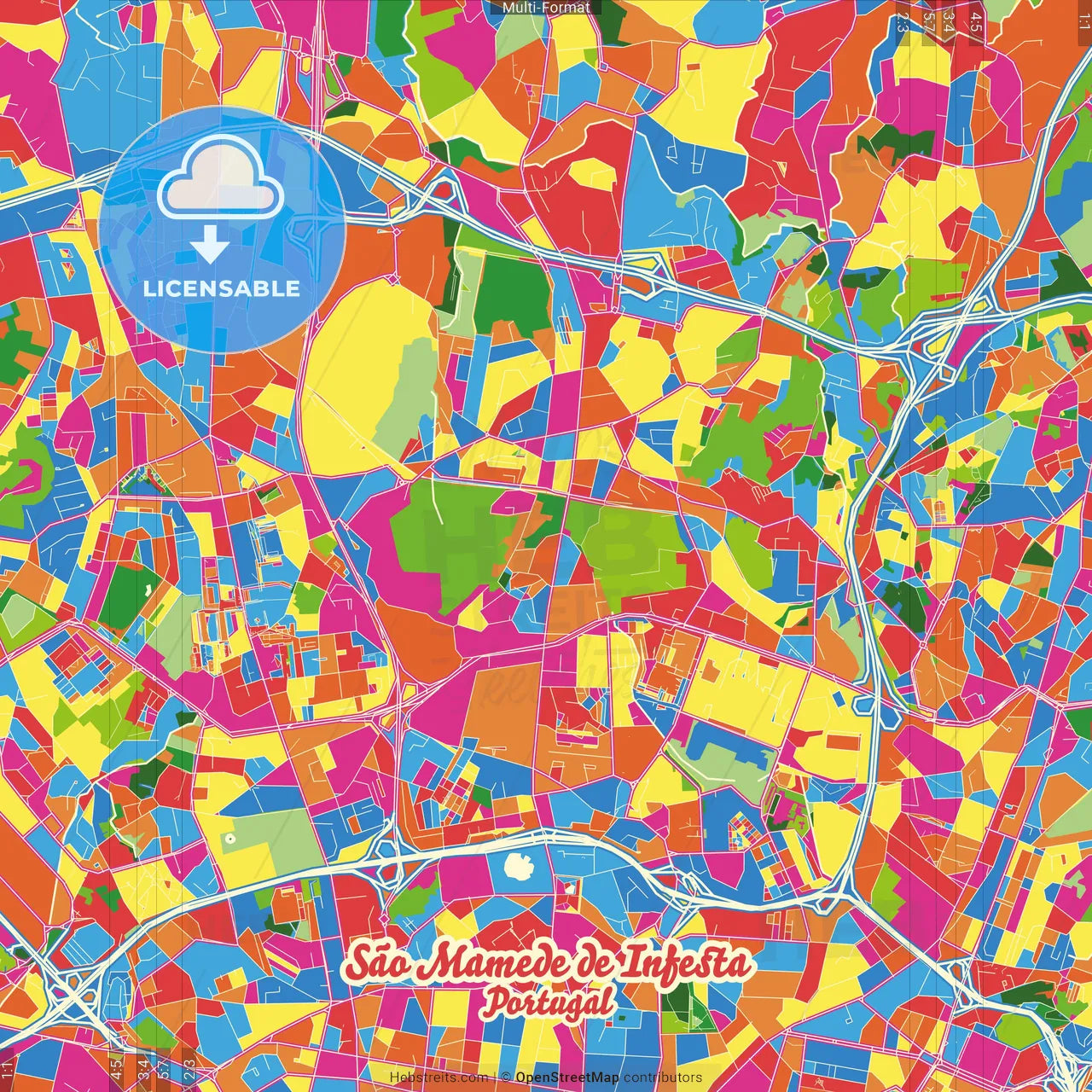 São Mamede de Infesta, Porto, Portugal Crazy Colorful Street Map Poster Template