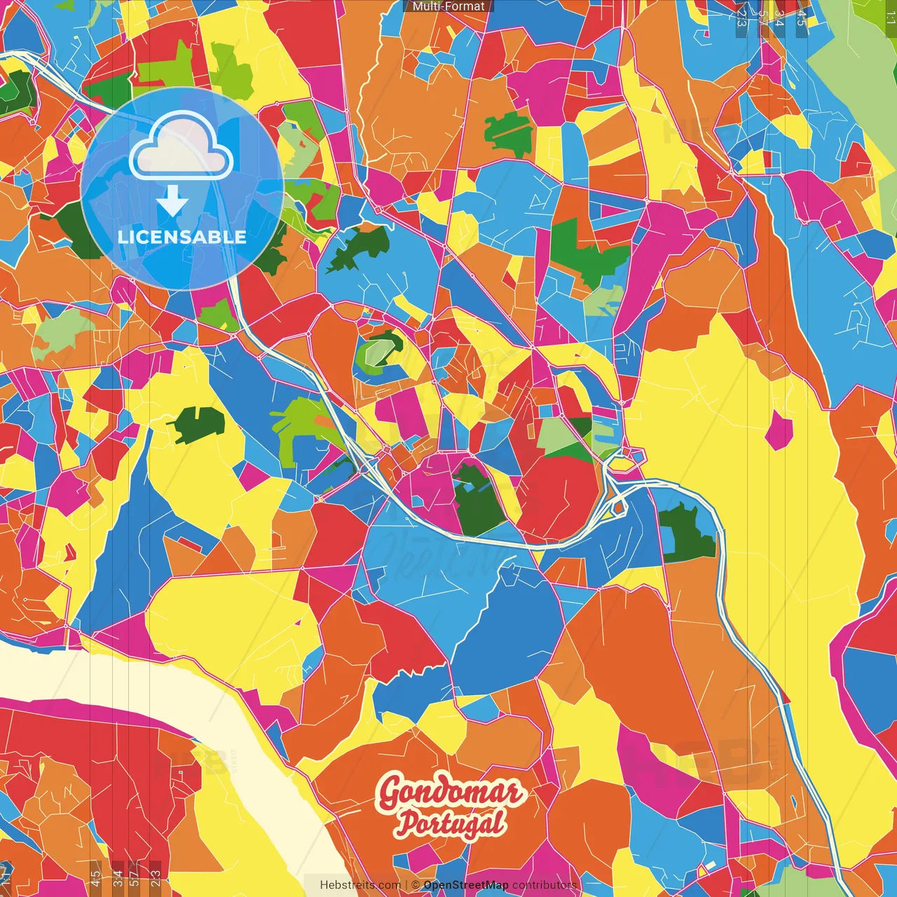 Gondomar, Porto, Portugal Crazy Colorful Street Map Poster Template