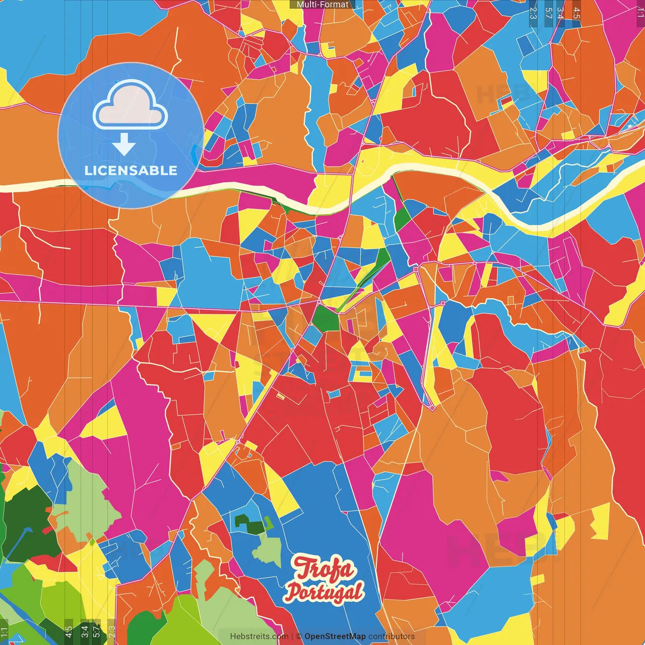 Trofa, Porto District, Portugal Crazy Colorful Street Map Poster Template