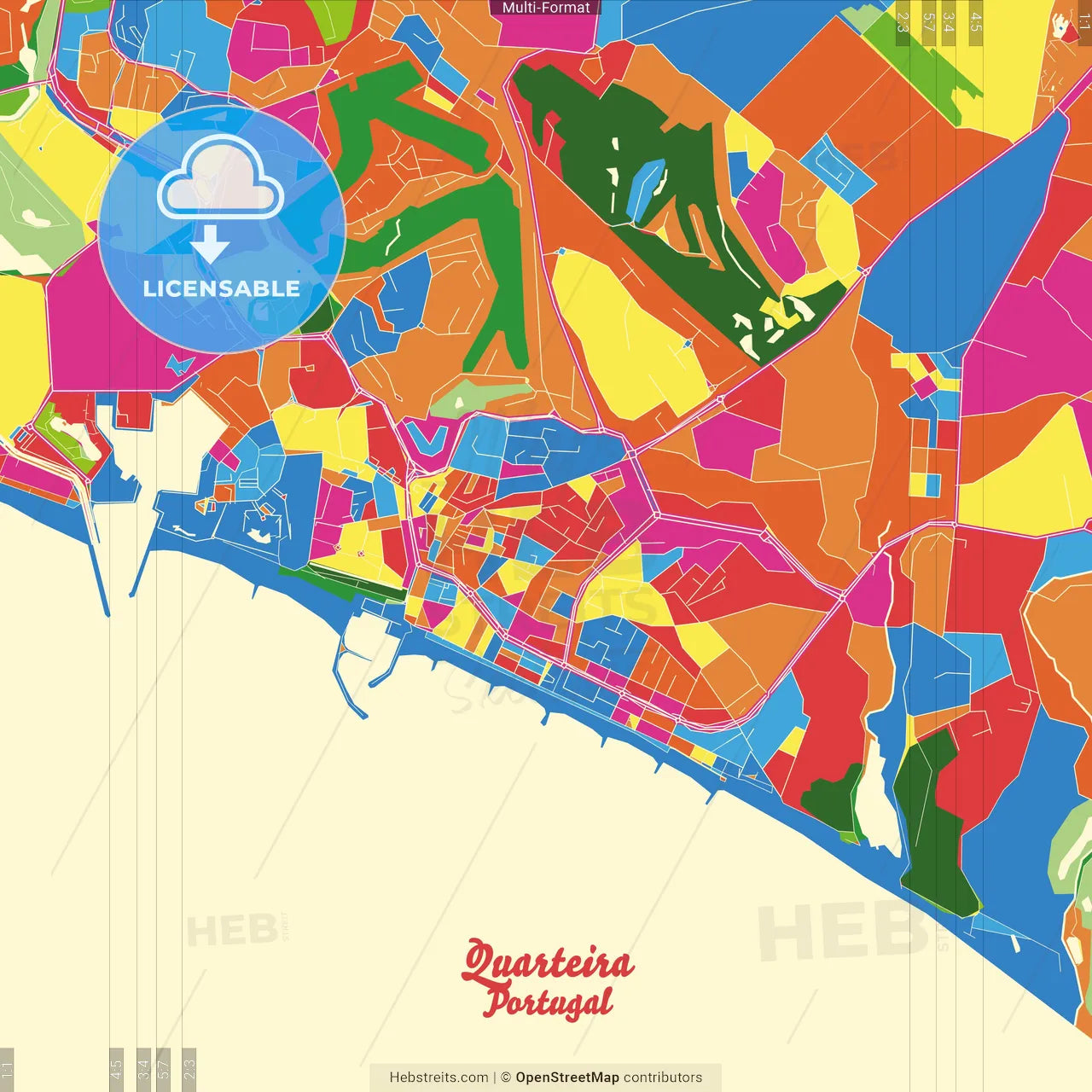 Quarteira, Faro, Portugal Crazy Colorful Street Map Poster Template