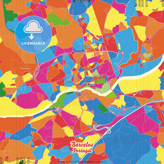 Barcelos, Braga, Portugal Crazy Colorful Street Map Poster Template