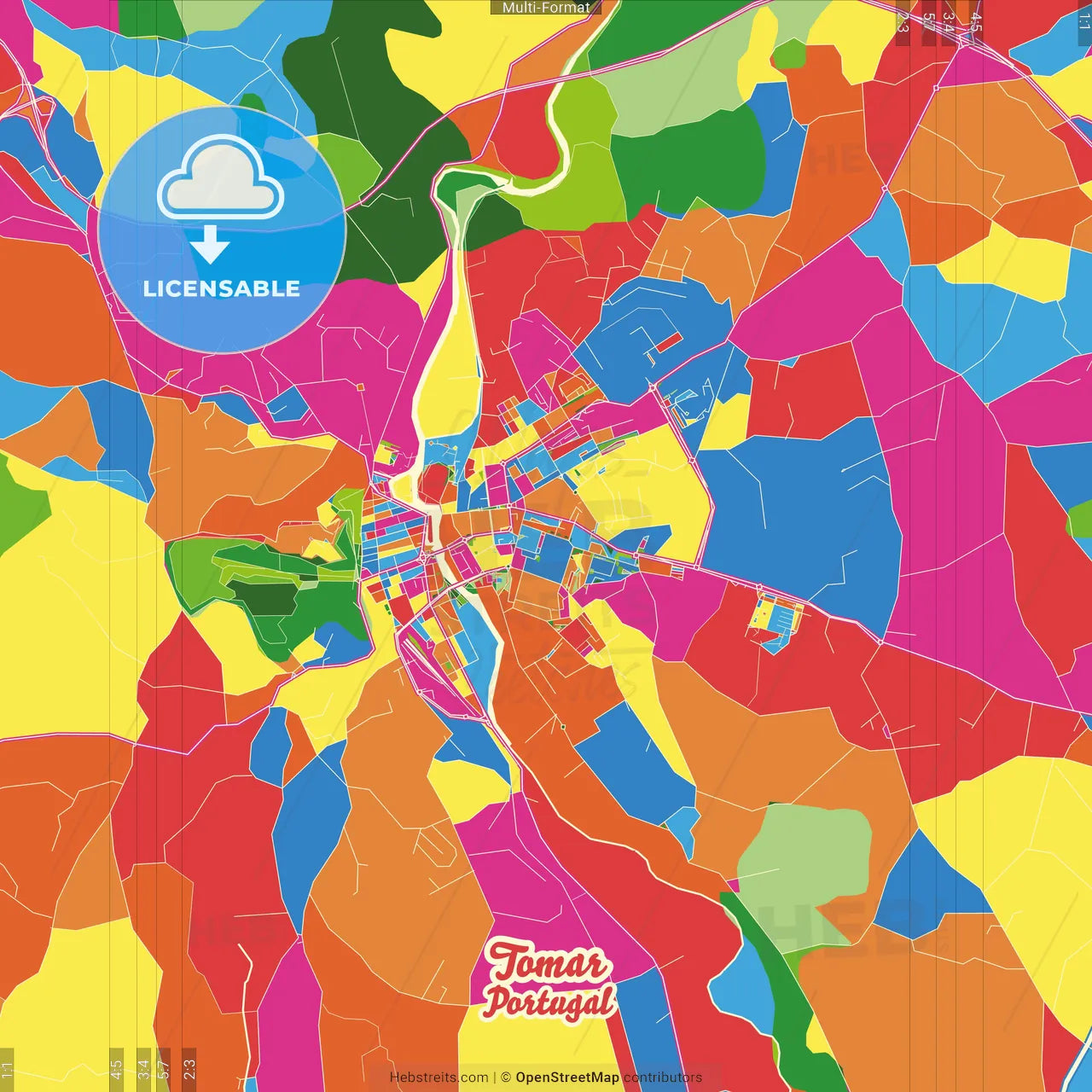 Tomar, Santarém, Portugal Crazy Colorful Street Map Poster Template