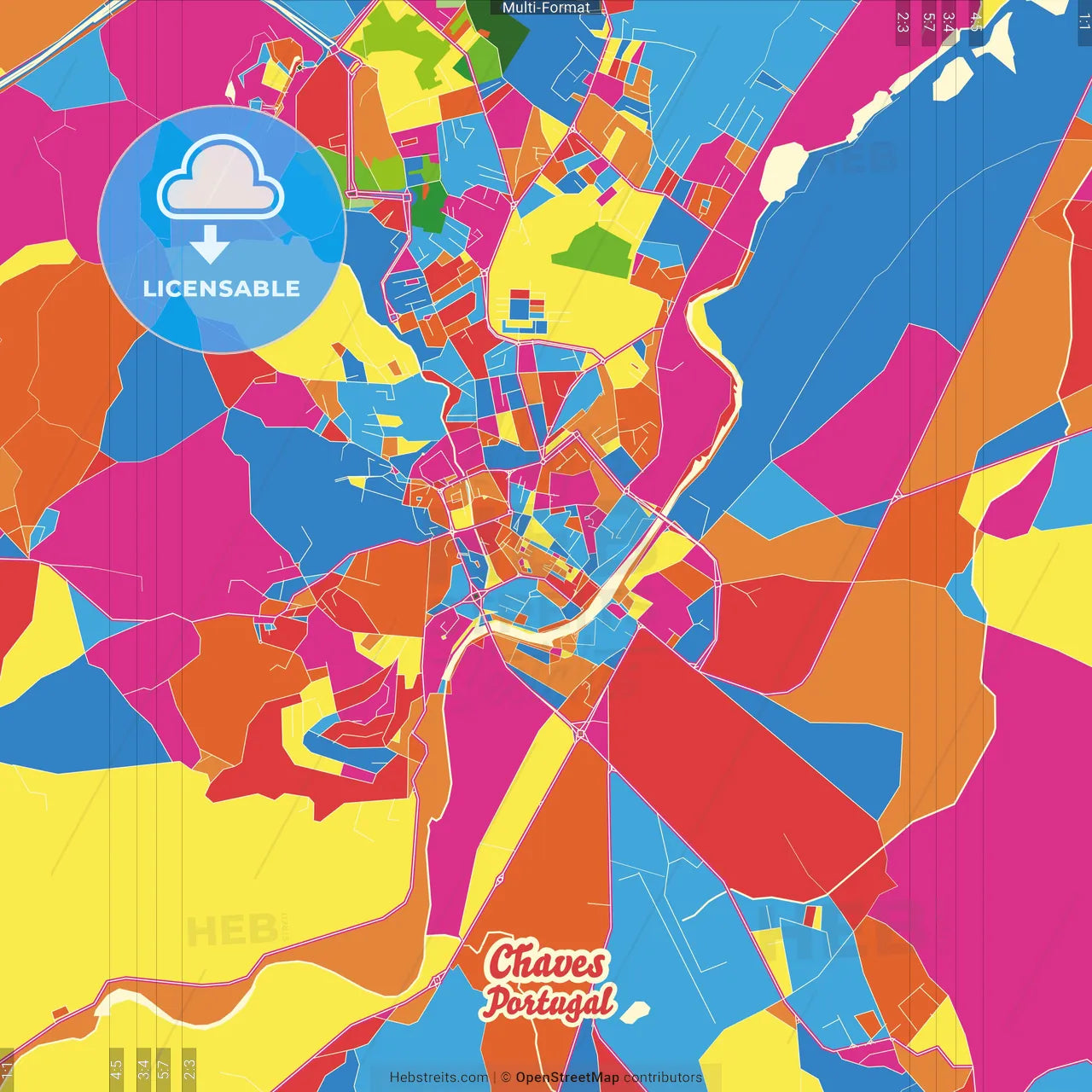 Chaves, Vila Real, Portugal Crazy Colorful Street Map Poster Template