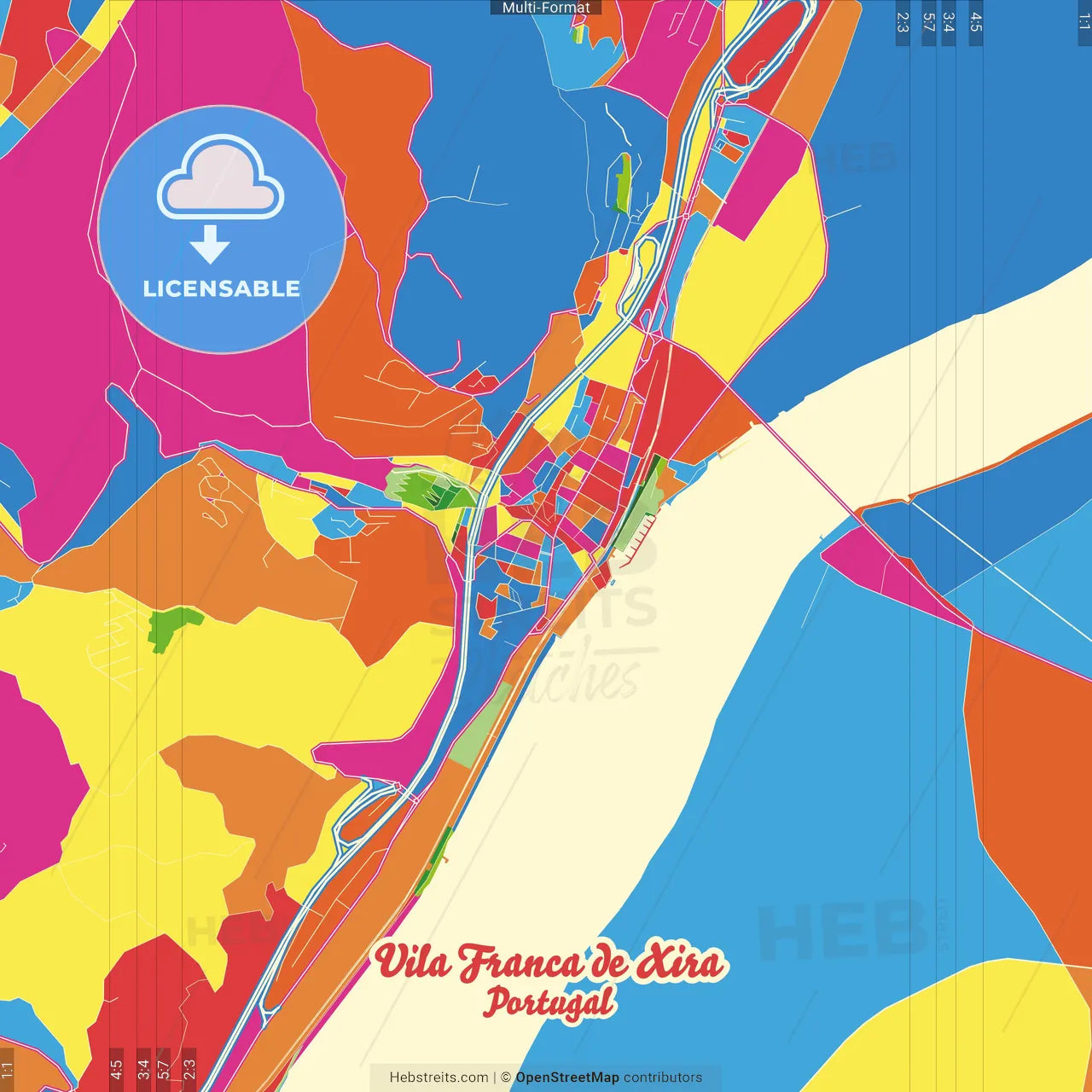 Vila Franca de Xira, Lisbon, Portugal Crazy Colorful Street Map Poster Template