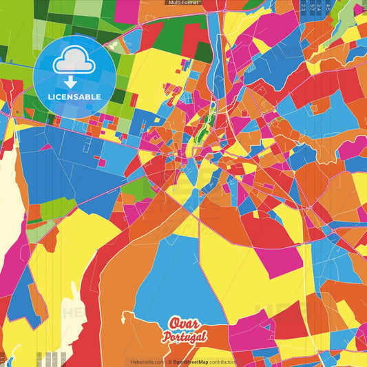 Ovar, Aveiro, Portugal Crazy Colorful Street Map Poster Template