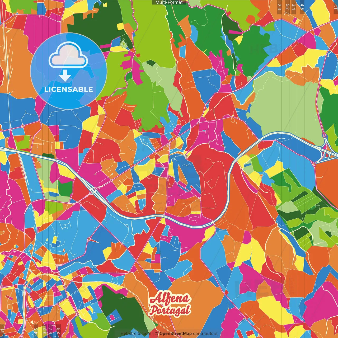 Alfena, Porto, Portugal Crazy Colorful Street Map Poster Template