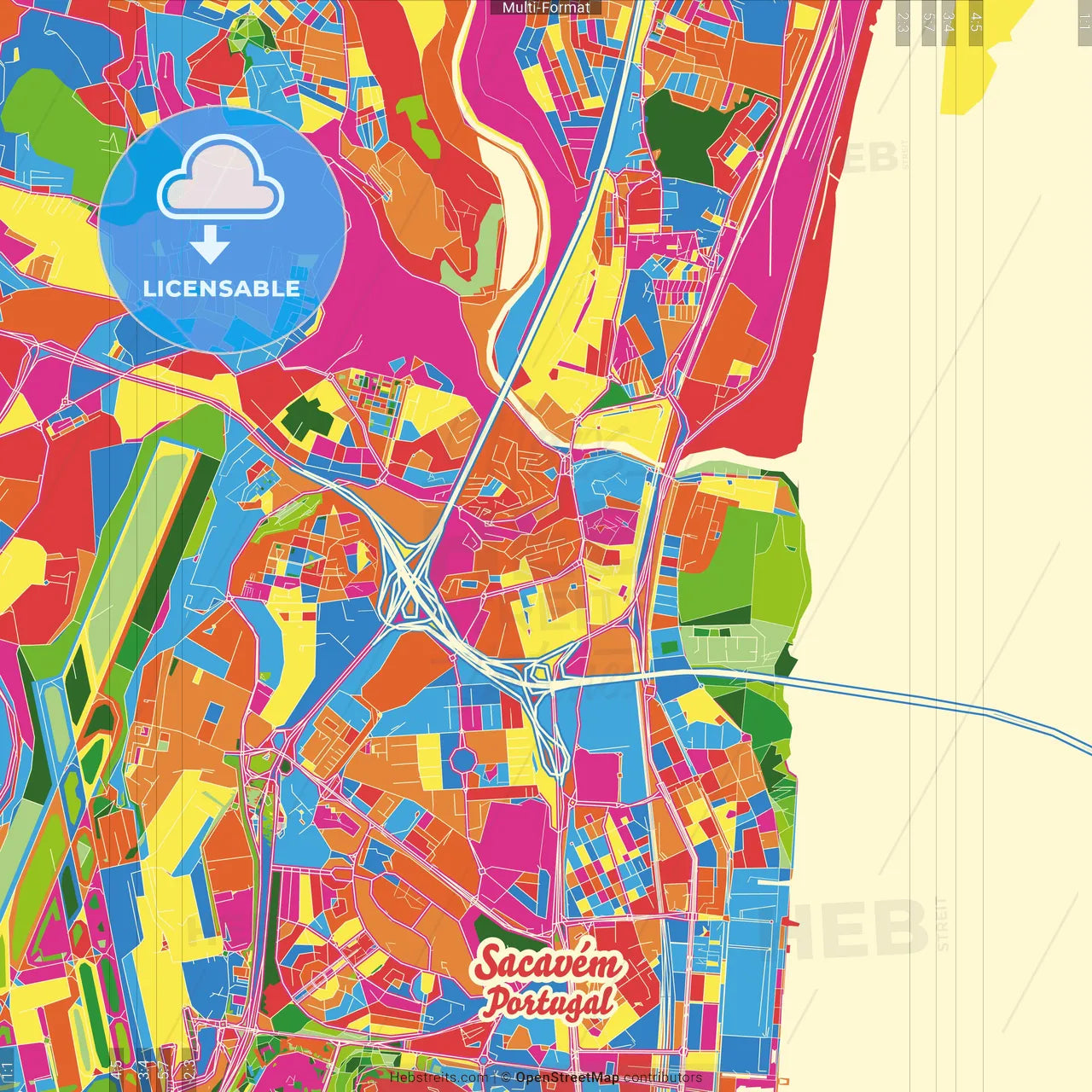 Sacavém, Lisbon, Portugal Crazy Colorful Street Map Poster Template