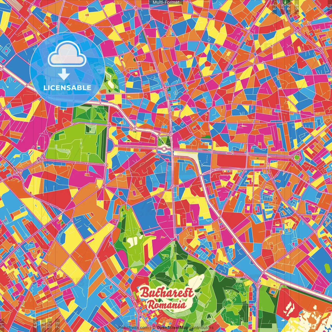 Bucharest, Romania Crazy Colorful Street Map Poster Template