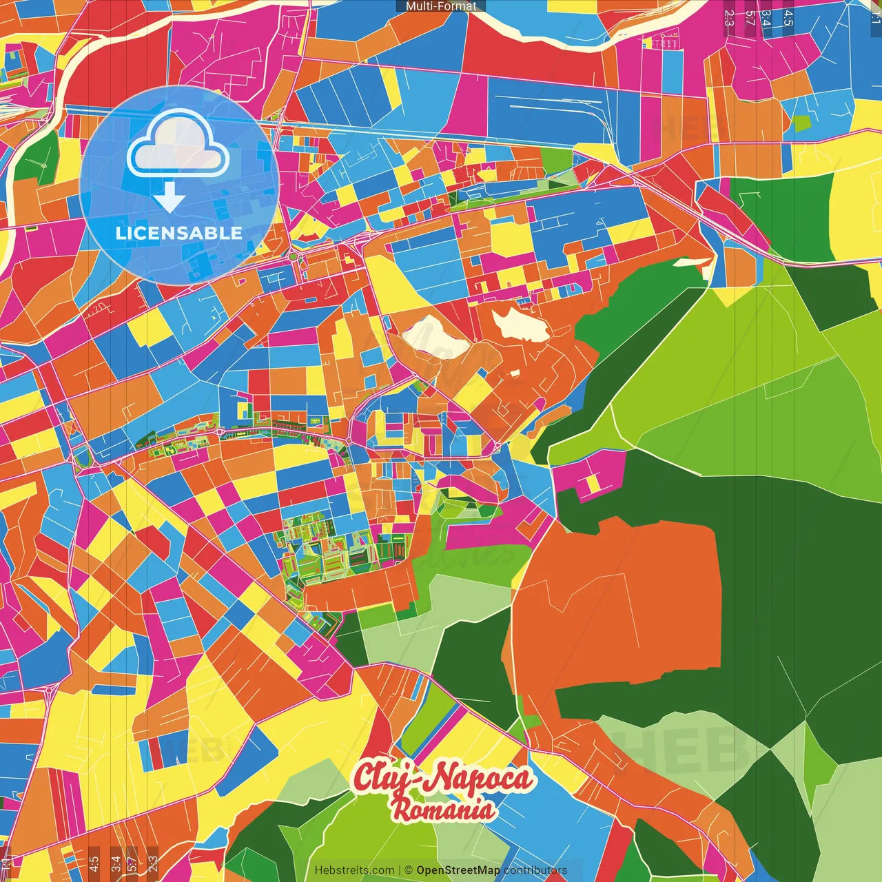 Cluj-Napoca, Cluj, Romania Crazy Colorful Street Map Poster Template