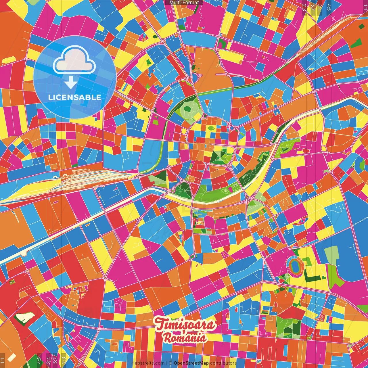 Timișoara, Timiș, Romania Crazy Colorful Street Map Poster Template