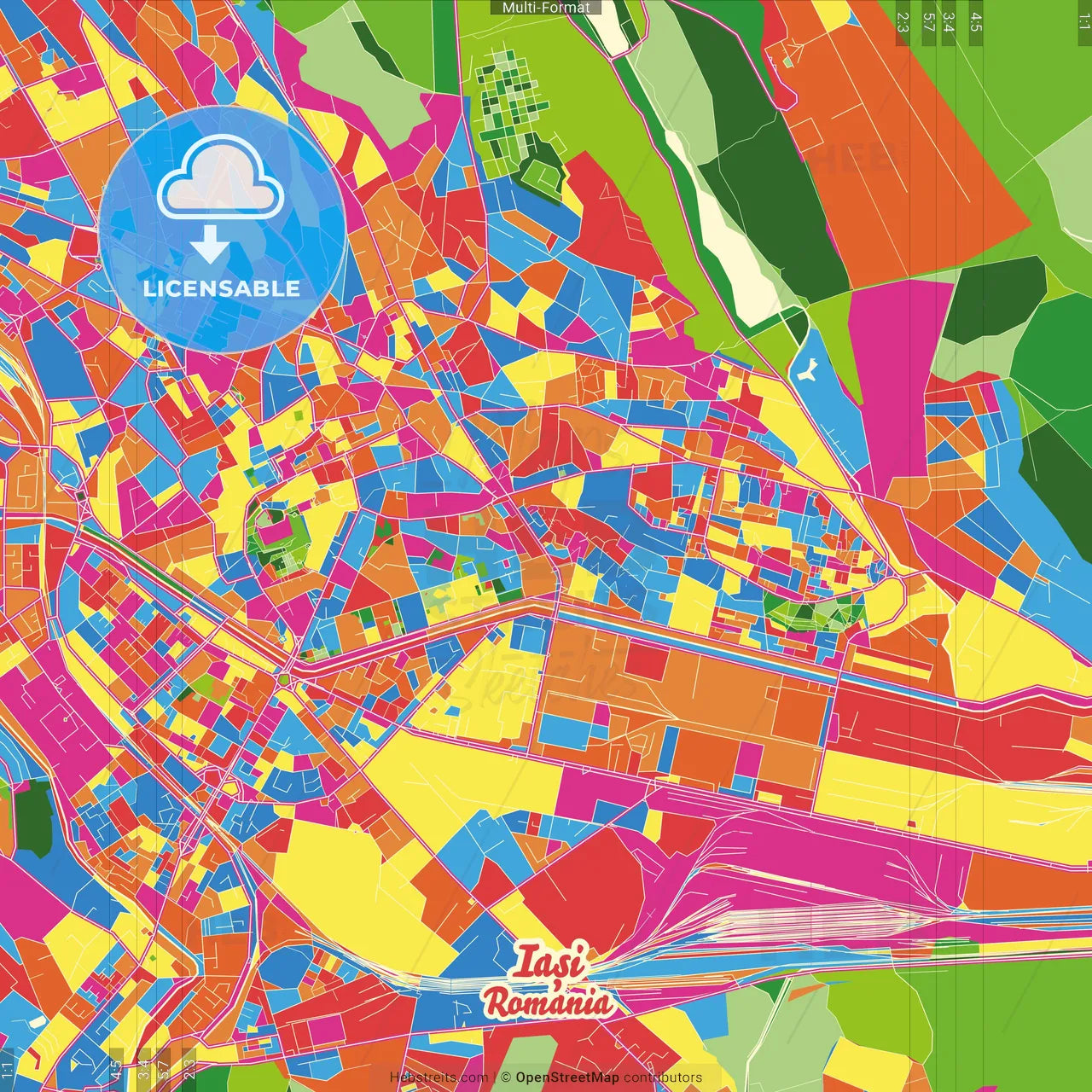 Iași, Iași, Romania Crazy Colorful Street Map Poster Template
