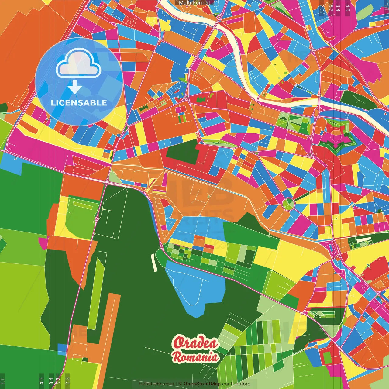 Oradea, Bihor, Romania Crazy Colorful Street Map Poster Template