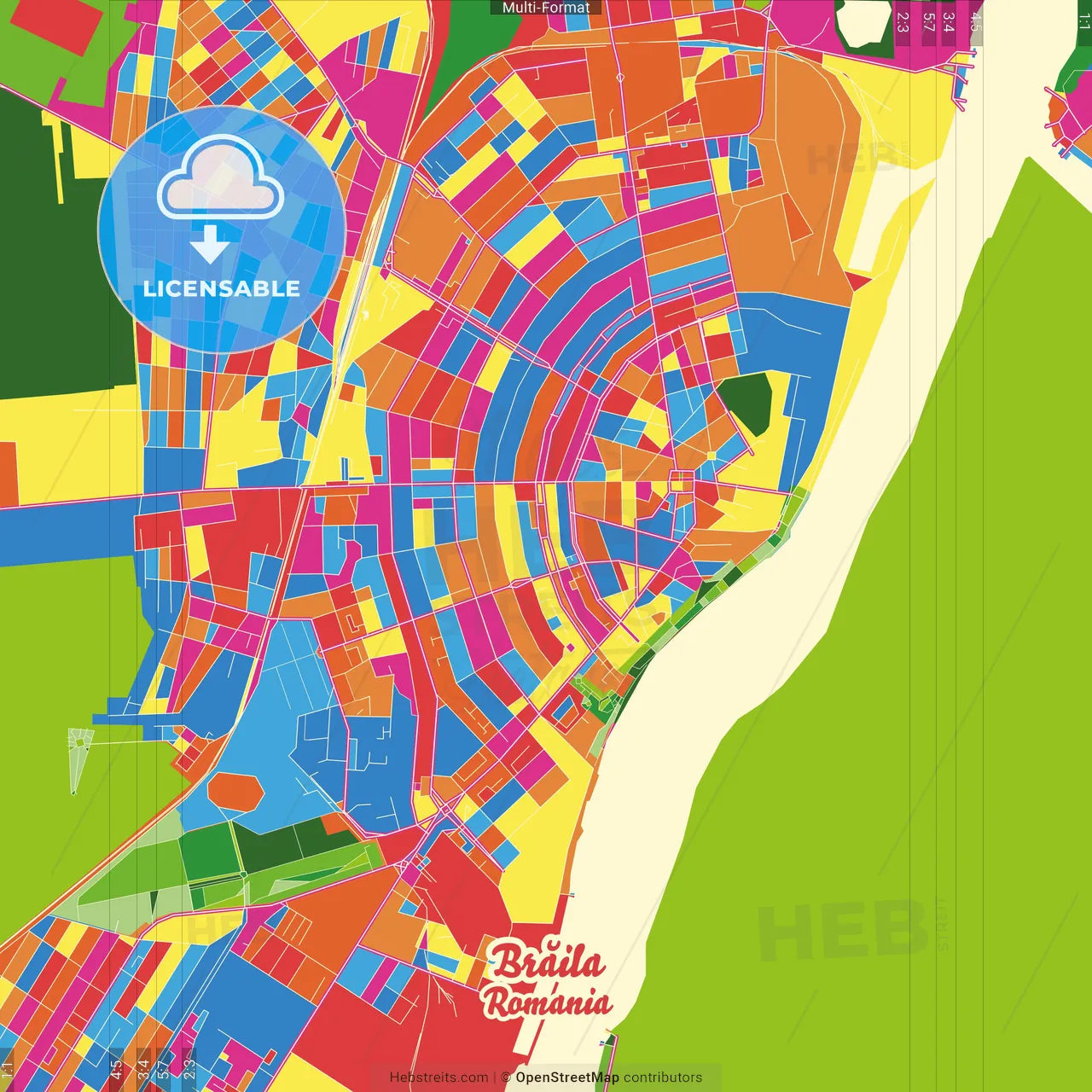 Brăila, Brăila, Romania Crazy Colorful Street Map Poster Template