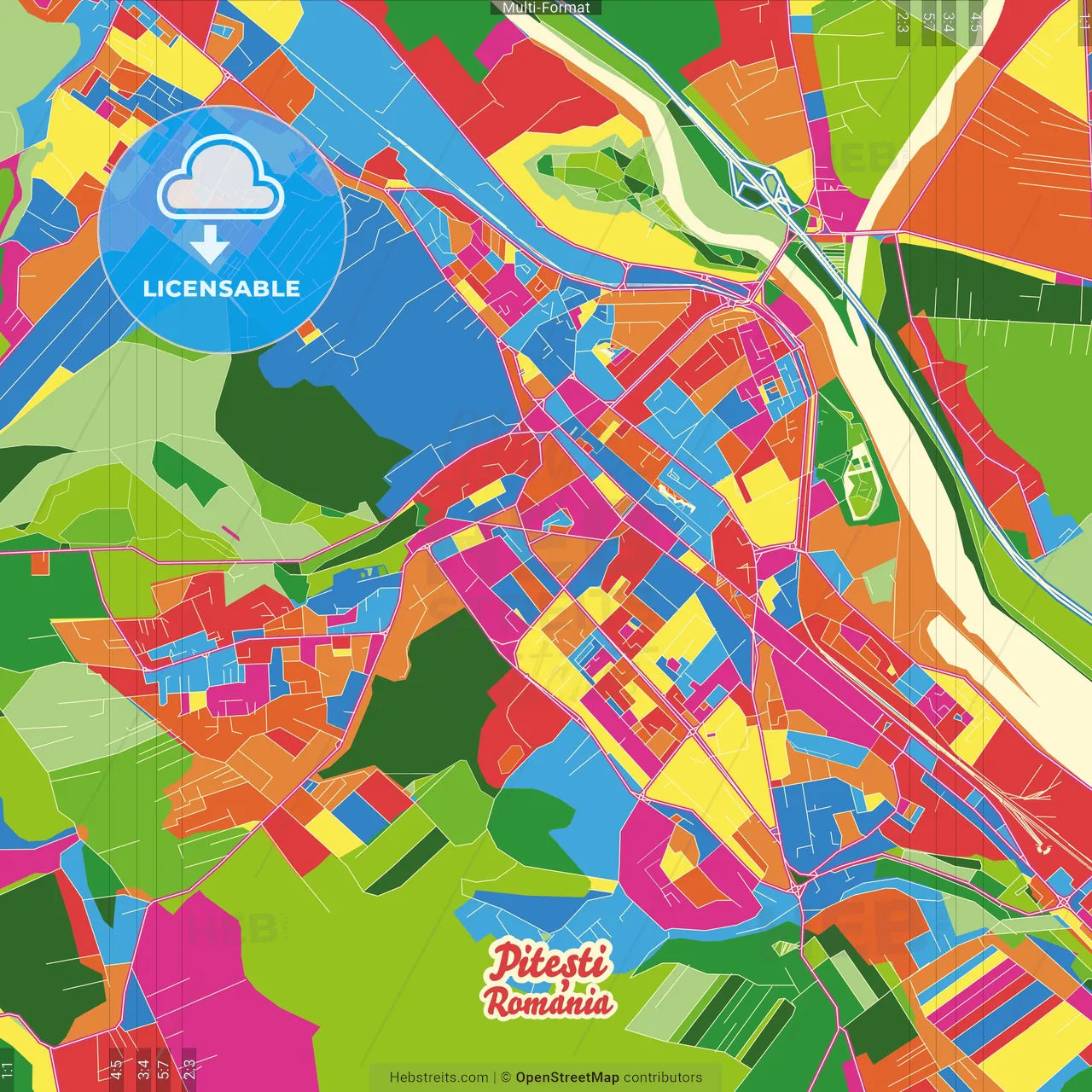 Pitești, Argeș, Romania Crazy Colorful Street Map Poster Template