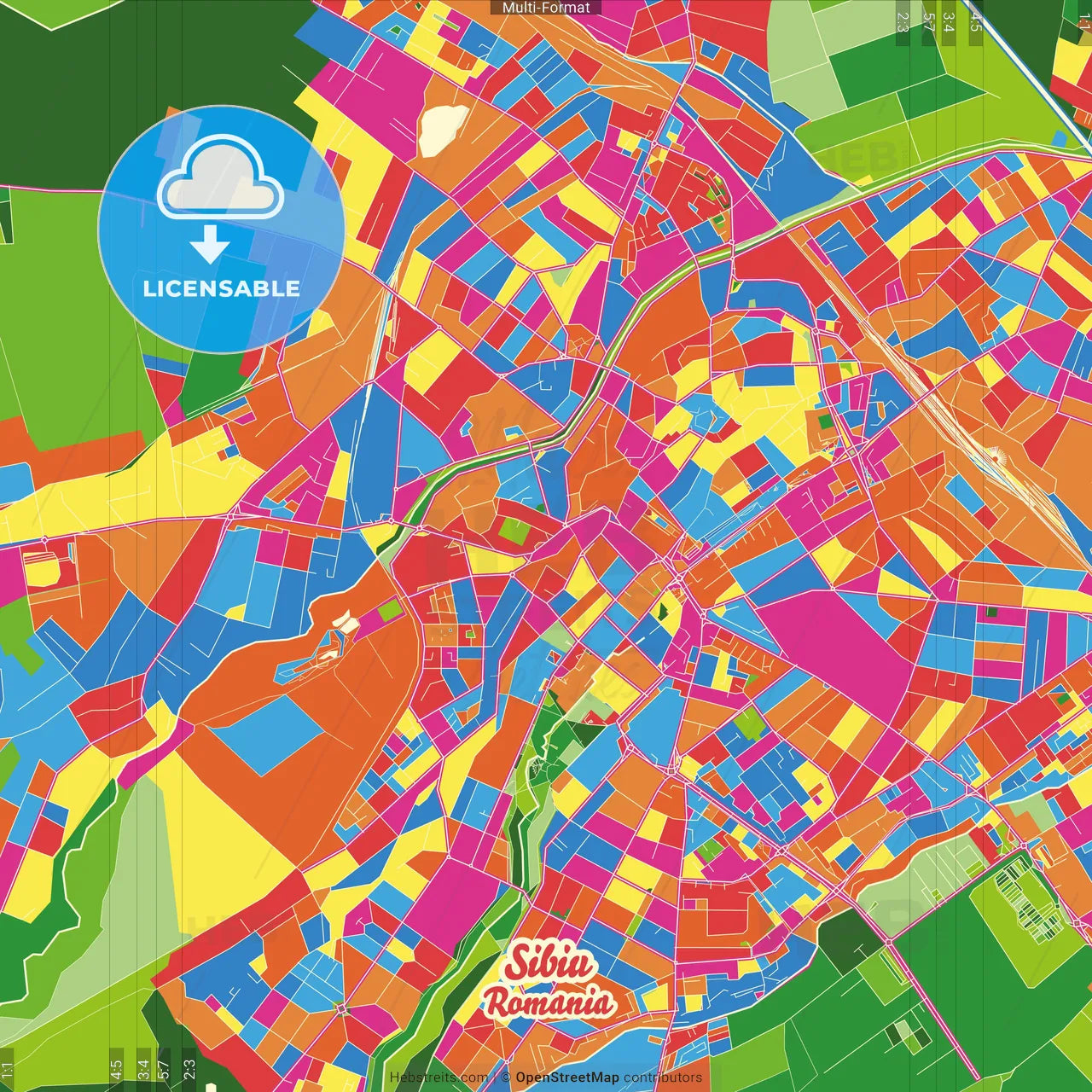 Sibiu, Sibiu, Romania Crazy Colorful Street Map Poster Template
