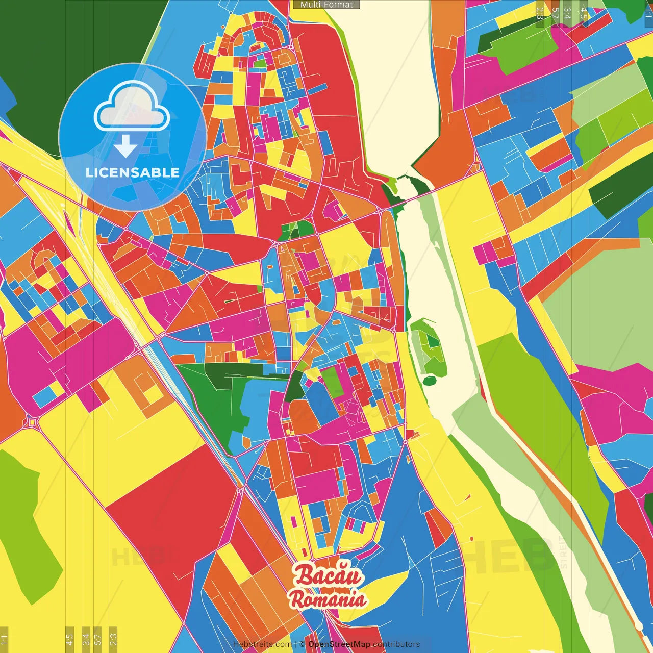 Bacău, Bacău, Romania Crazy Colorful Street Map Poster Template