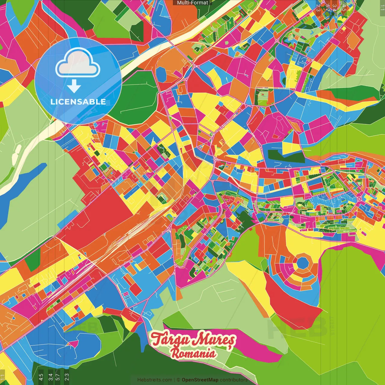 Târgu Mureș, Mureș, Romania Crazy Colorful Street Map Poster Template