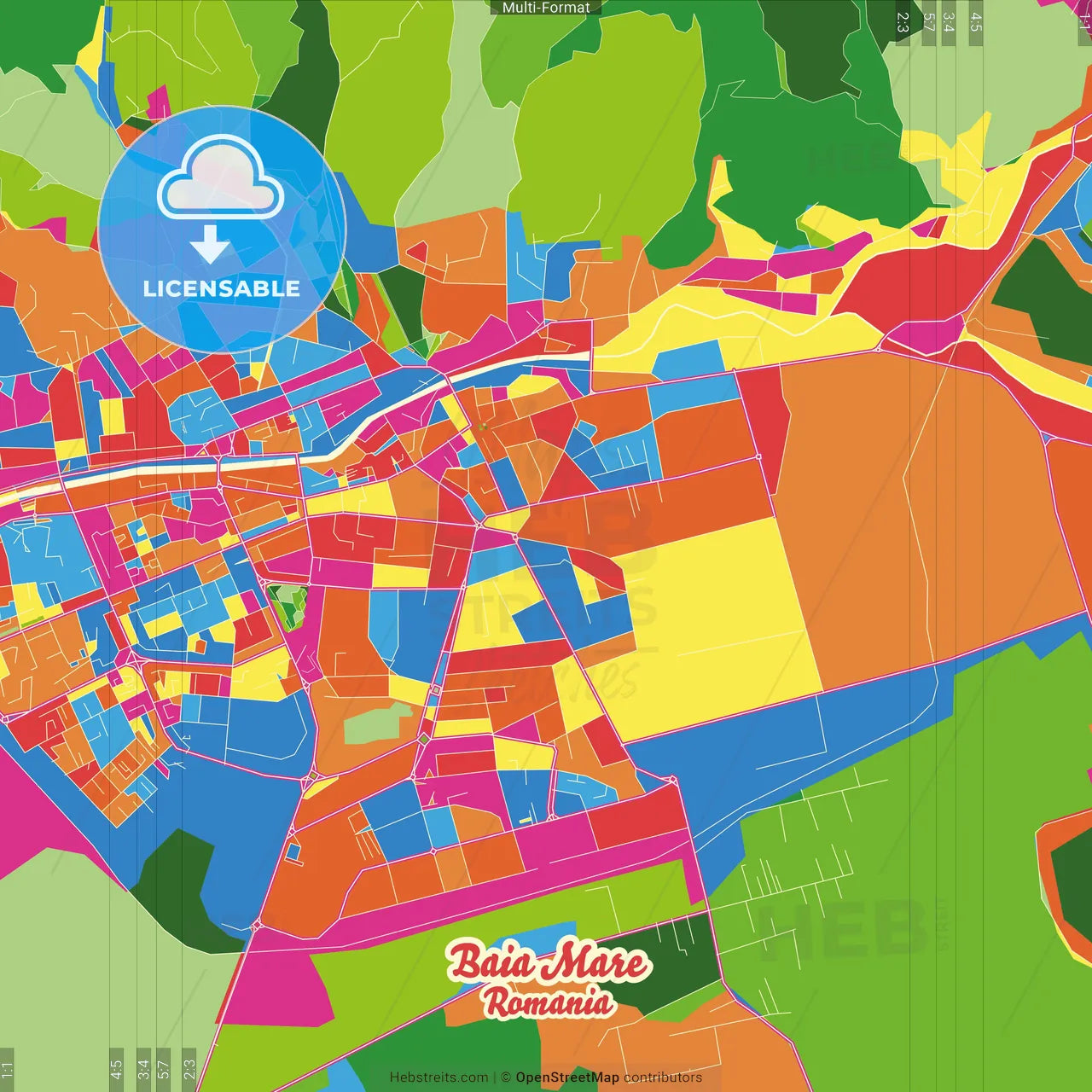 Baia Mare, Maramureș, Romania Crazy Colorful Street Map Poster Template
