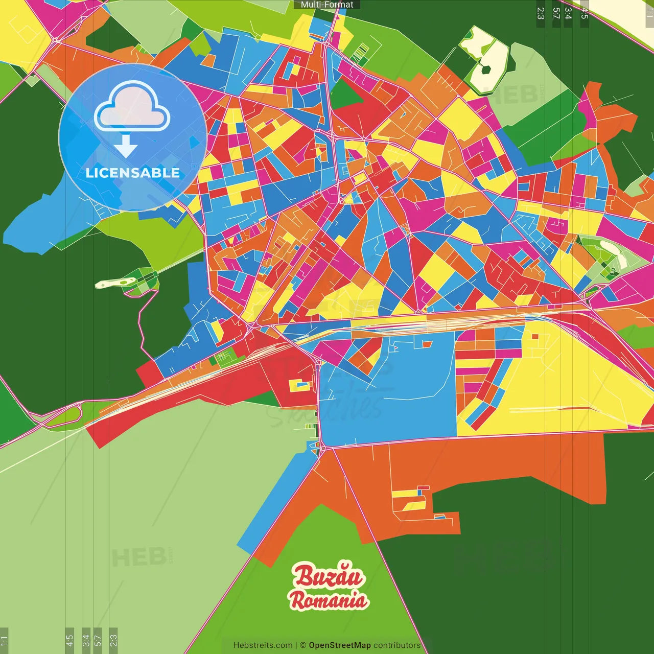 Buzău, Buzău, Romania Crazy Colorful Street Map Poster Template