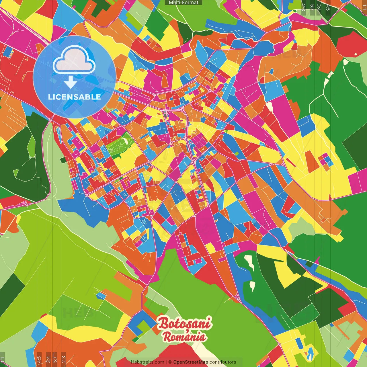 Botoșani, Botoșani, Romania Crazy Colorful Street Map Poster Template