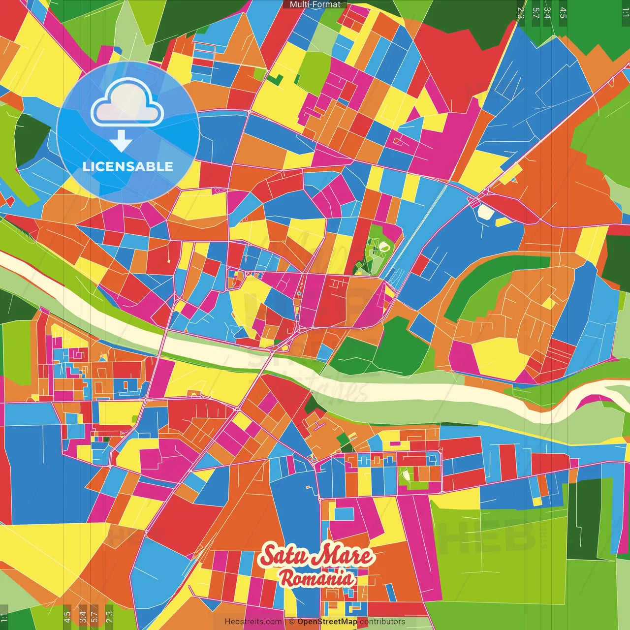 Satu Mare, Satu Mare, Romania Crazy Colorful Street Map Poster Template